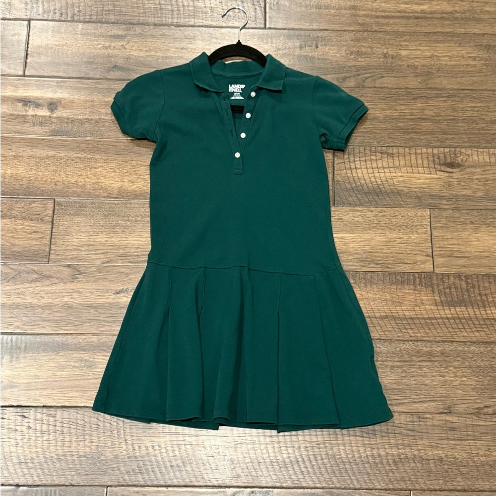 Lands' End Girls Short Sleeve Mesh Pleated Polo Dress Evergreen Size 8
